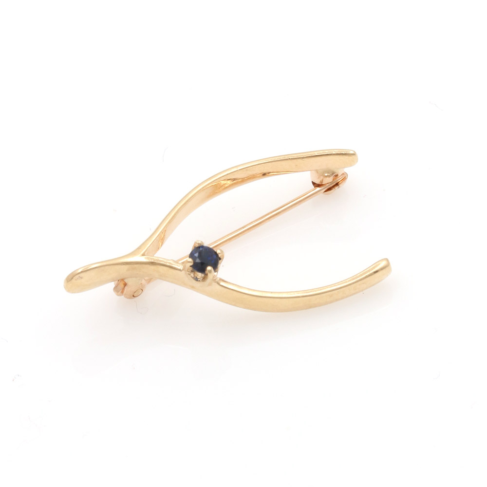 14K Yellow Gold Sapphire Wishbone Pin