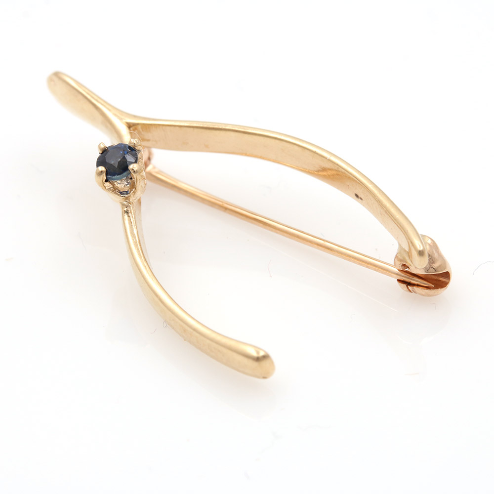 14K Yellow Gold Sapphire Wishbone Pin