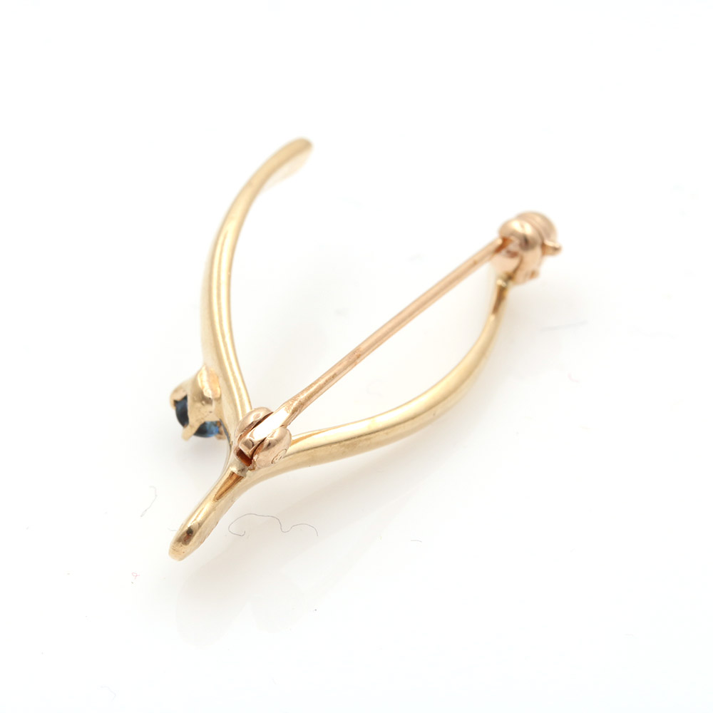 14K Yellow Gold Sapphire Wishbone Pin