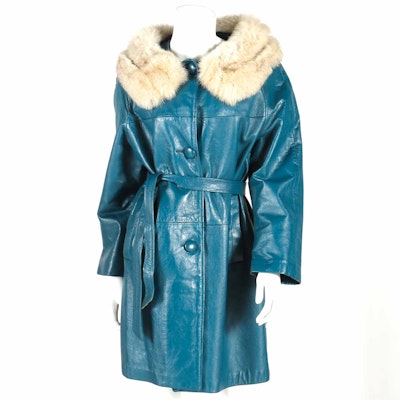 Blue Leather Coat with Faux Fur Collar Blue Leather Coat with Faux Fur Collar