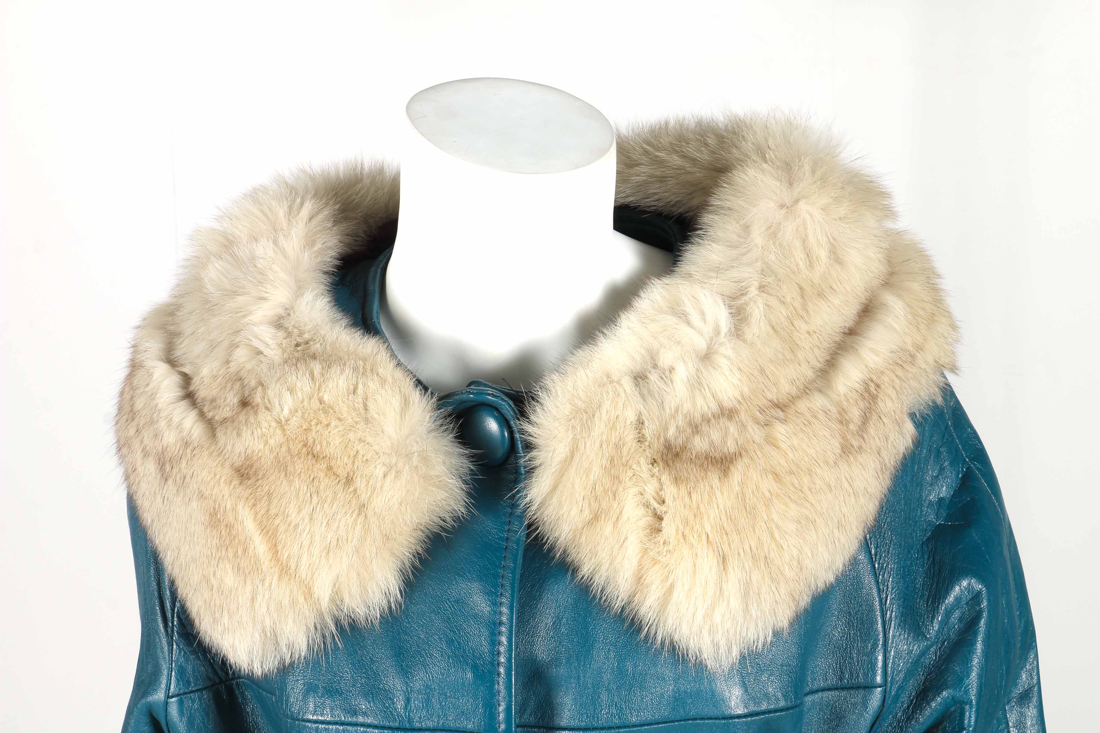 Blue Leather Coat with Faux Fur Collar
