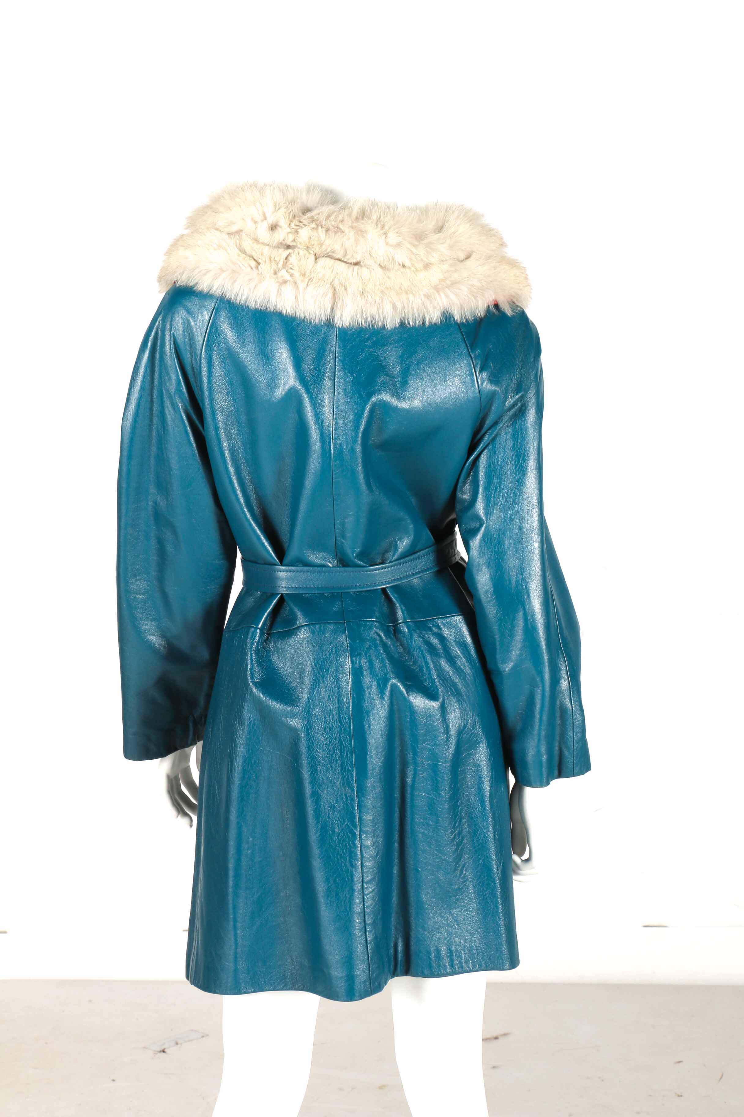 Blue Leather Coat with Faux Fur Collar