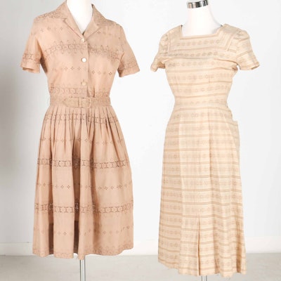 Two Vintage Beige Eyelet Dresses Two Vintage Beige Eyelet Dresses