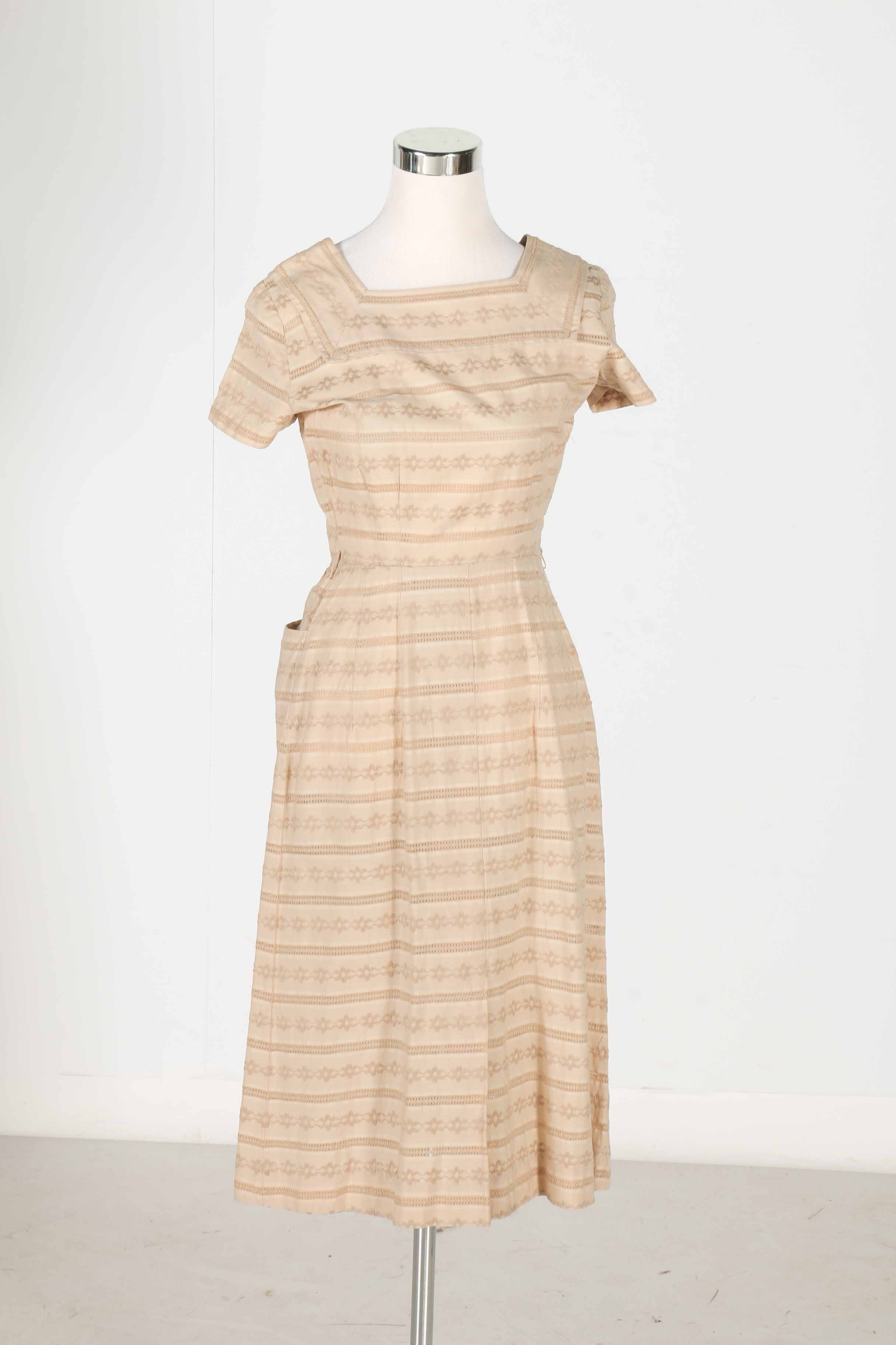 Two Vintage Beige Eyelet Dresses