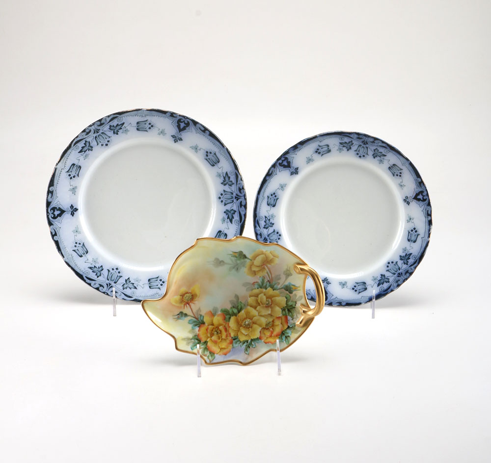 Antique  Flo Blue Plates and Porcelain Leaf Dish