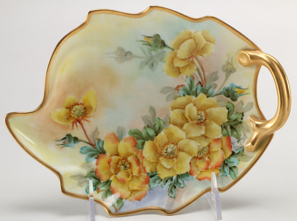 Antique  Flo Blue Plates and Porcelain Leaf Dish