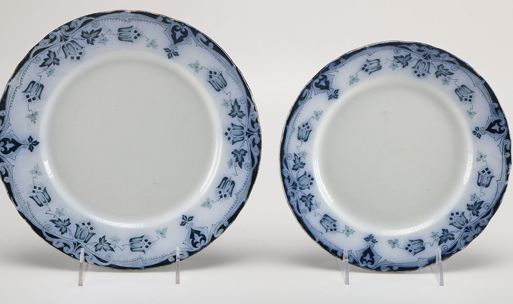 Antique  Flo Blue Plates and Porcelain Leaf Dish