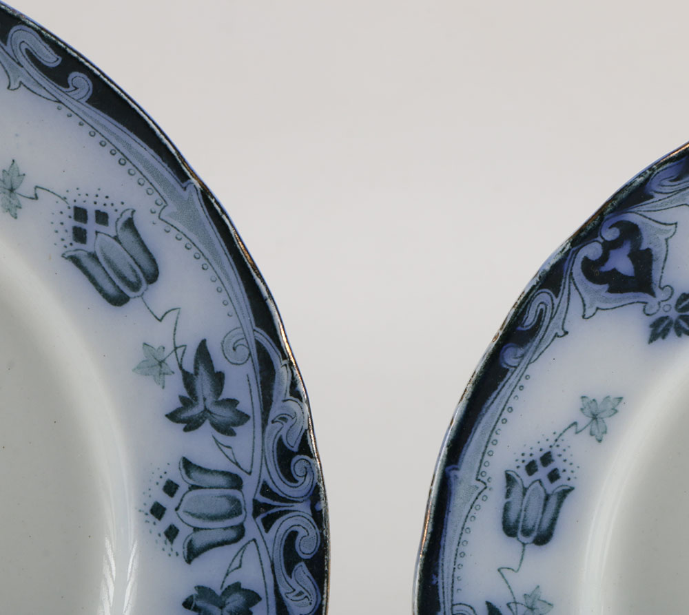 Antique  Flo Blue Plates and Porcelain Leaf Dish