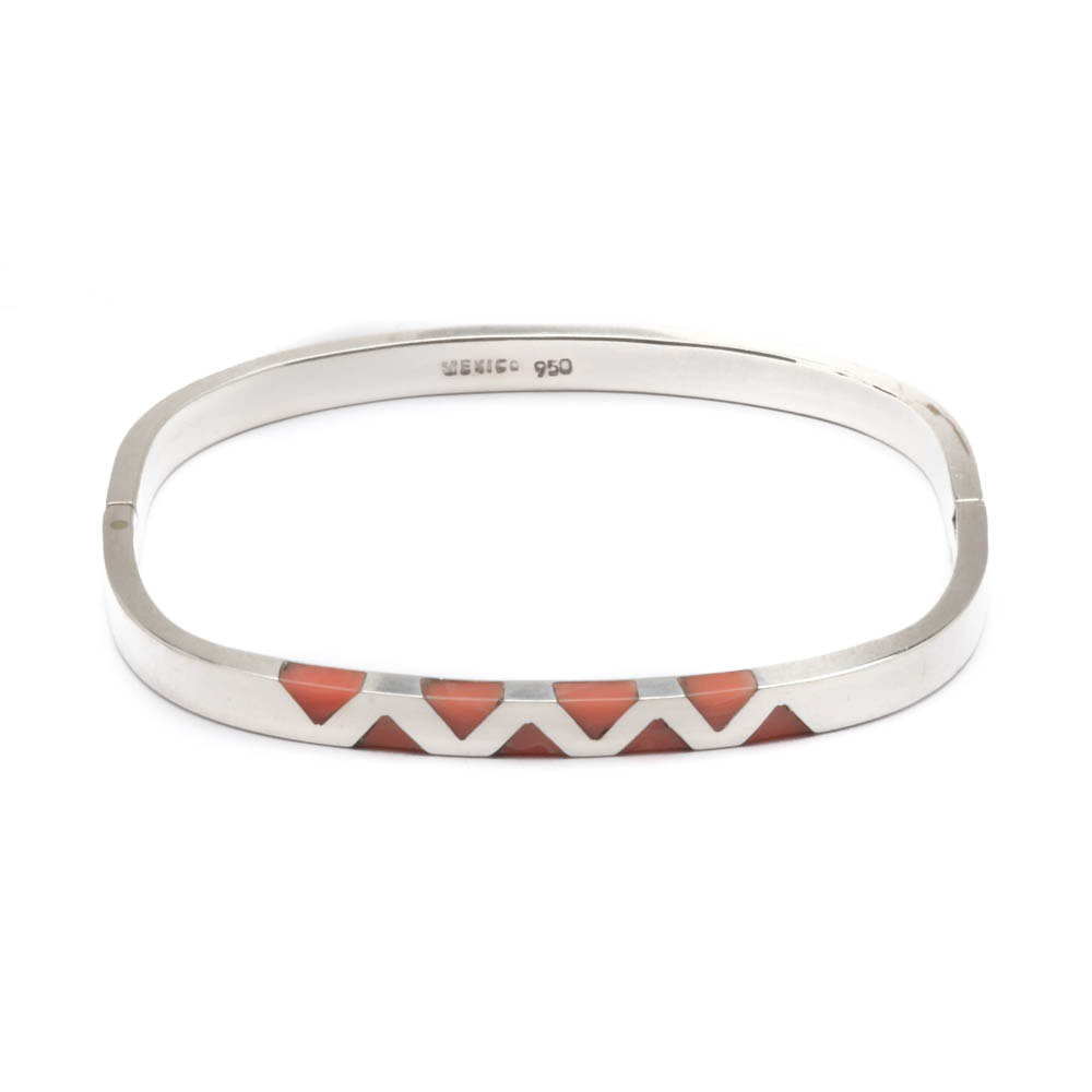Mexican 950 Silver Rhodochrosite Inlaid Hinge Bracelet