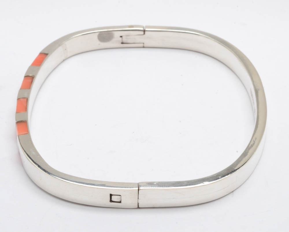 Mexican 950 Silver Rhodochrosite Inlaid Hinge Bracelet