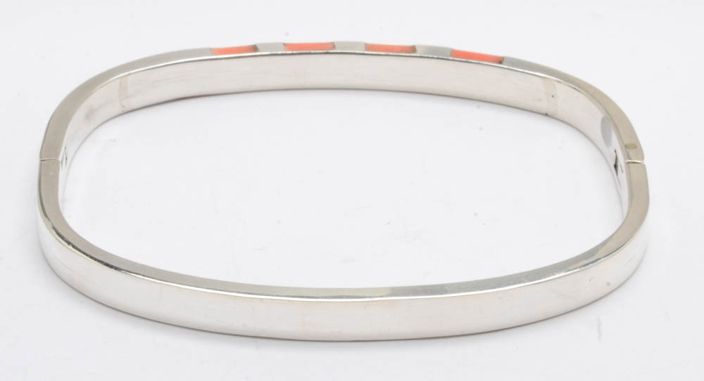 Mexican 950 Silver Rhodochrosite Inlaid Hinge Bracelet