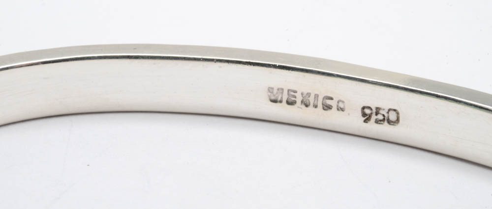 Mexican 950 Silver Rhodochrosite Inlaid Hinge Bracelet