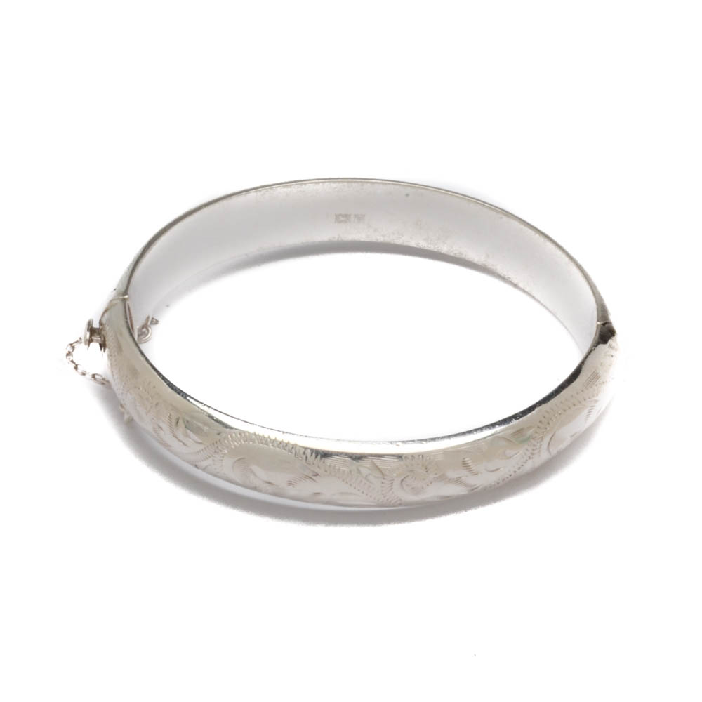 Vintage English Sterling Silver Engraved Hinged Bangle Bracelet