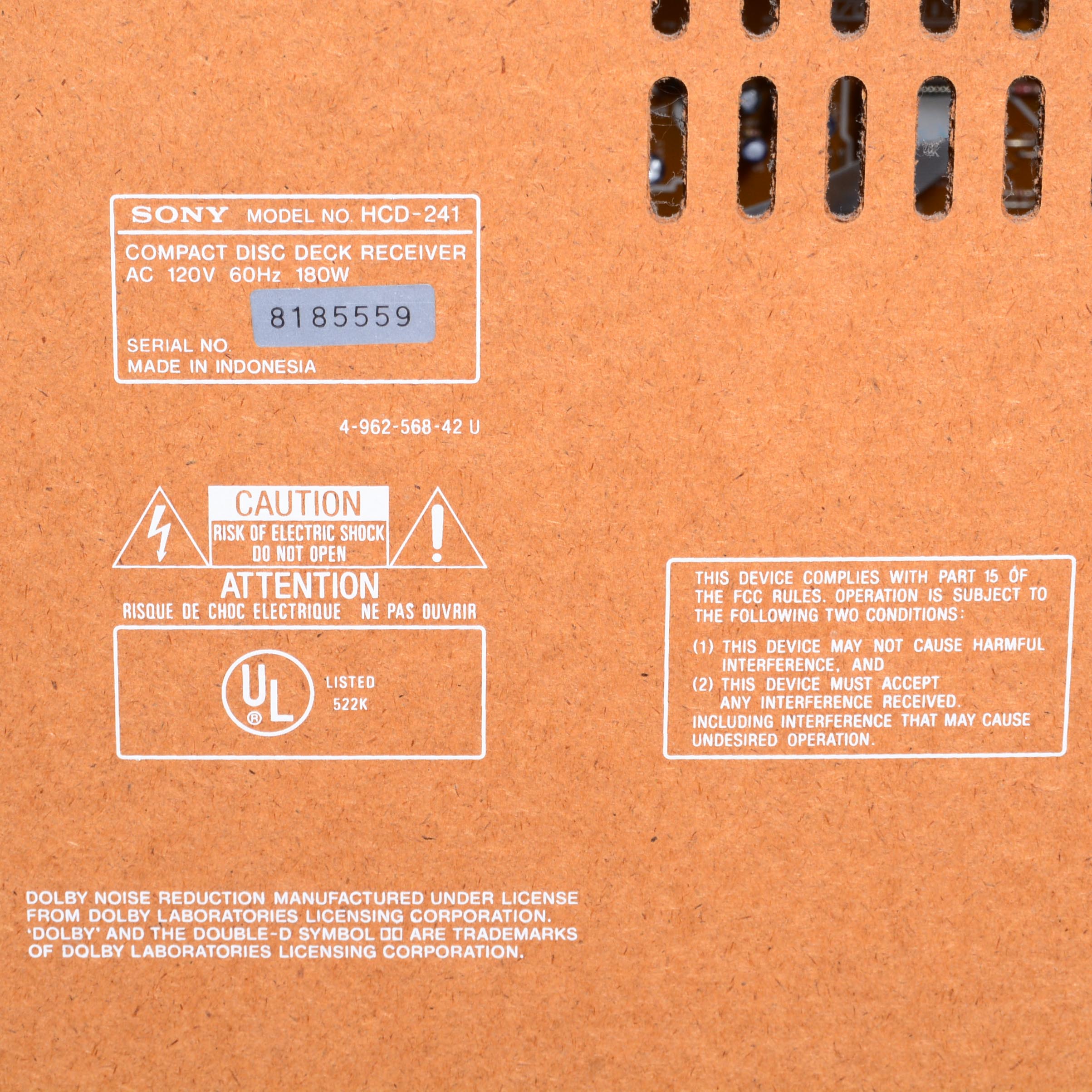 Sony Stereo Remote Control Hi-Fidelity System in Cabinet