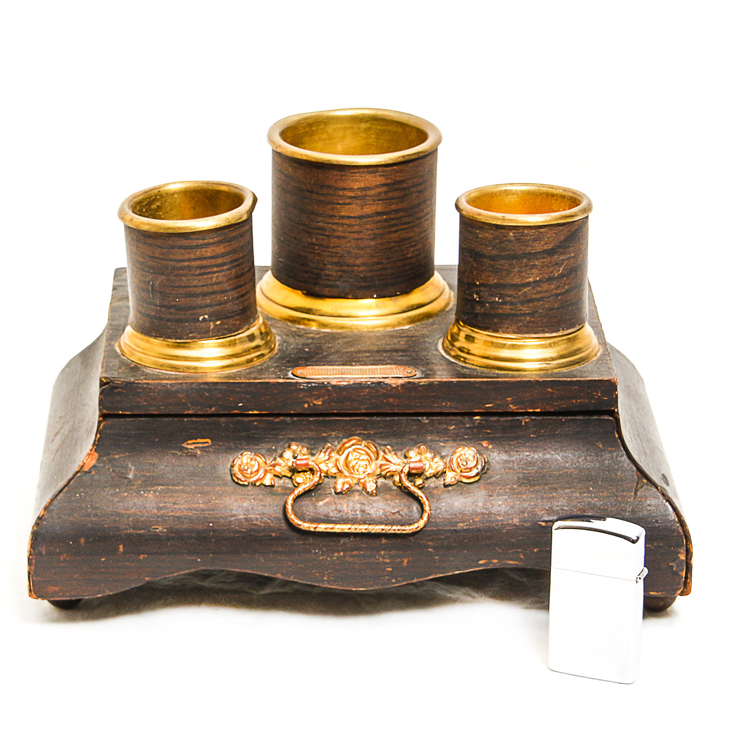 Vintage Black Tobacco Box with Gold Trim and a Zippo Lighter