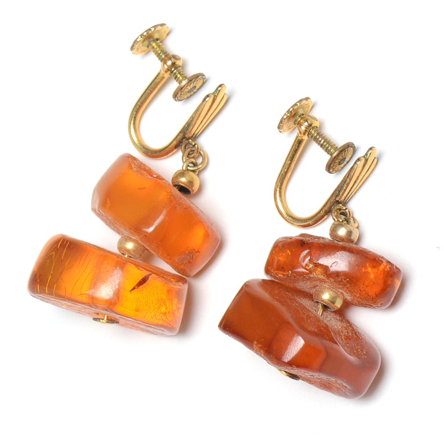 Vintage 12K Gold Filled Amber Slice Clip-On Earrings