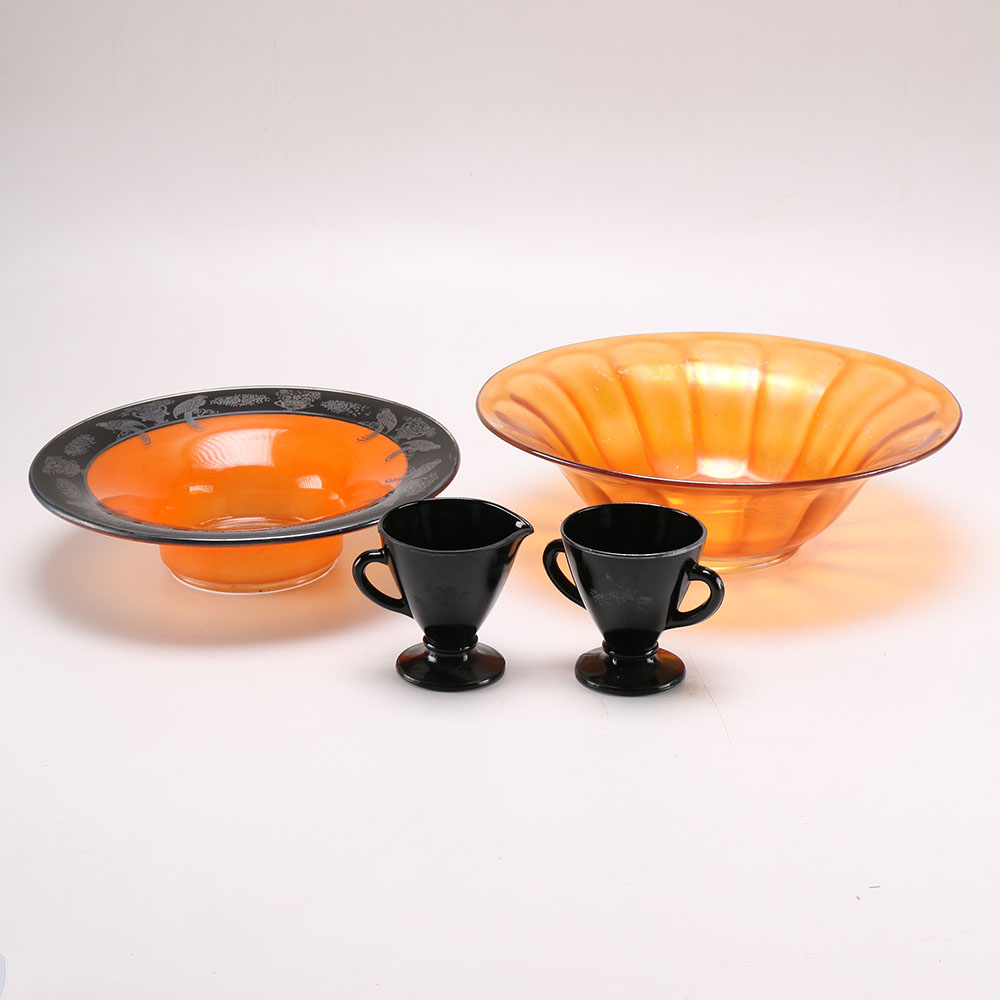 Vintage Orange and Black Glass Serving Pieces