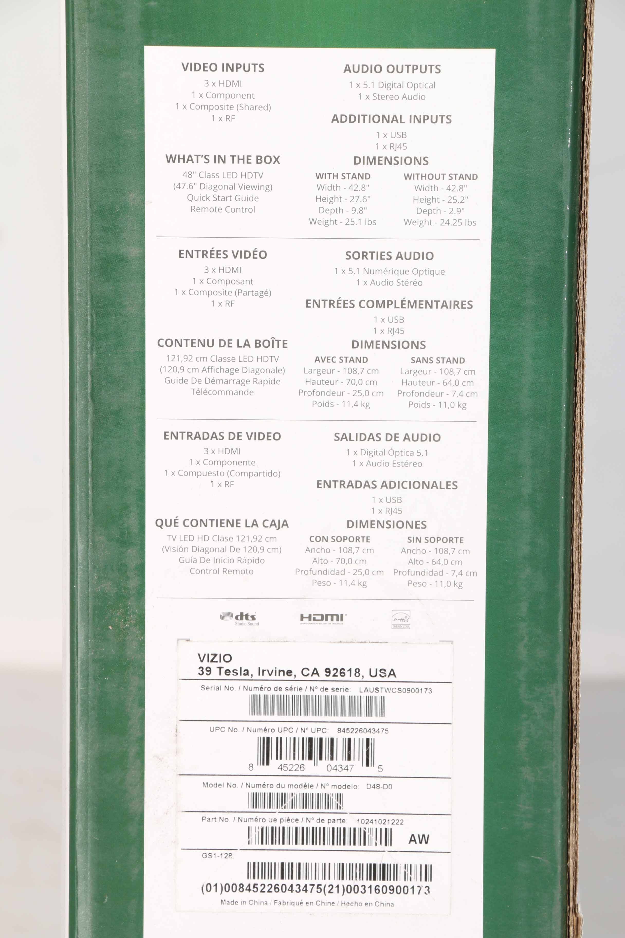 48" Vizio Flat Screen Smart Television