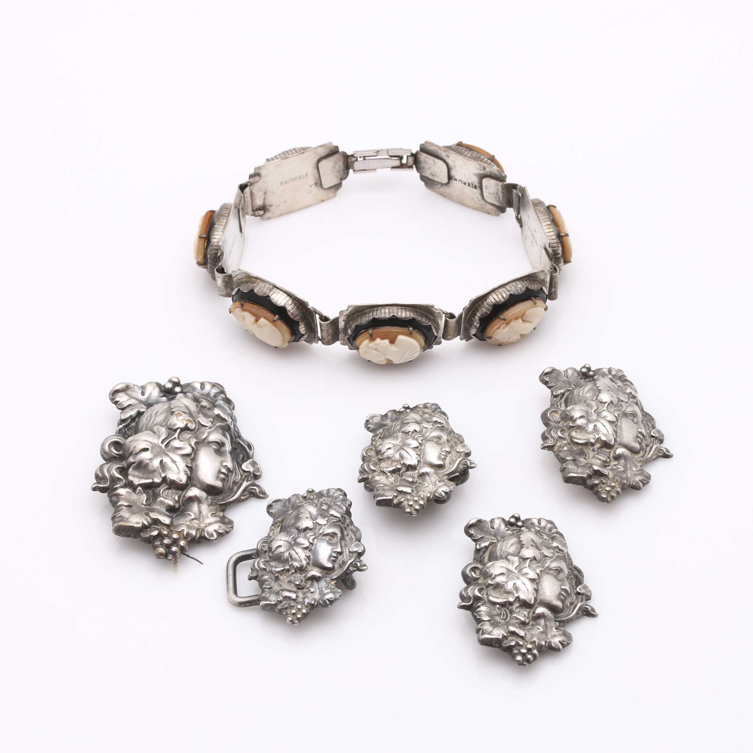 Sterling Silver Art Nouveau Shell Cameo Bracelet and Coin Silver Slides