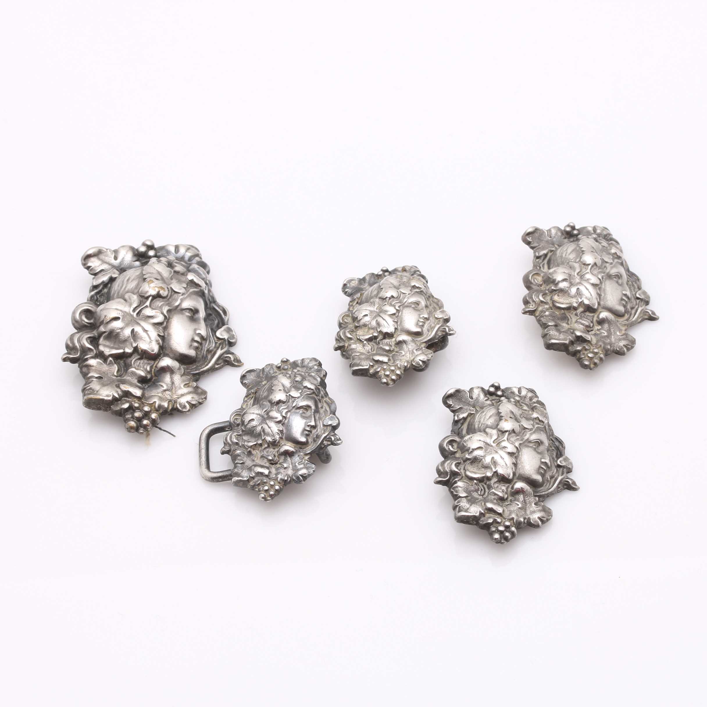 Sterling Silver Art Nouveau Shell Cameo Bracelet and Coin Silver Slides