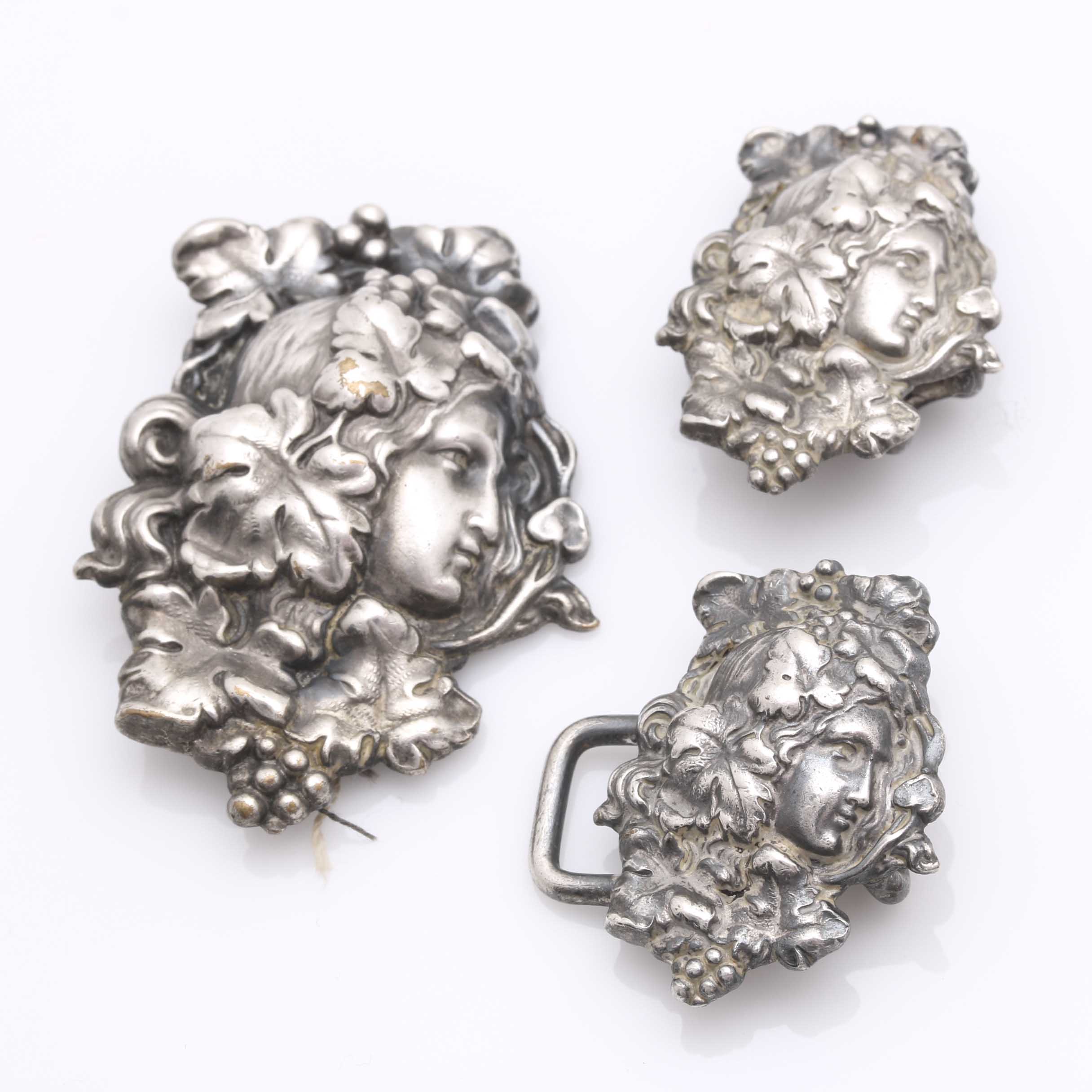 Sterling Silver Art Nouveau Shell Cameo Bracelet and Coin Silver Slides