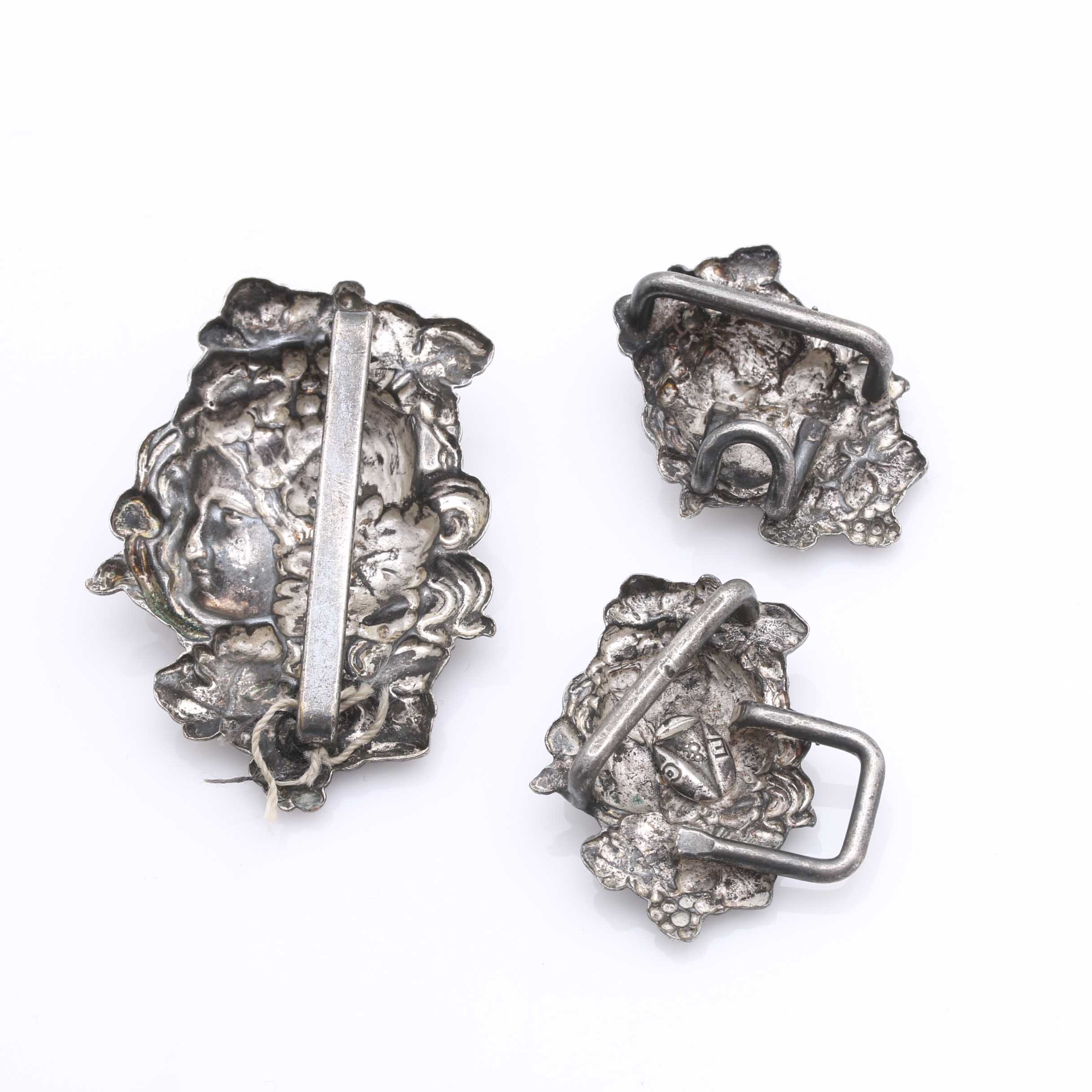 Sterling Silver Art Nouveau Shell Cameo Bracelet and Coin Silver Slides