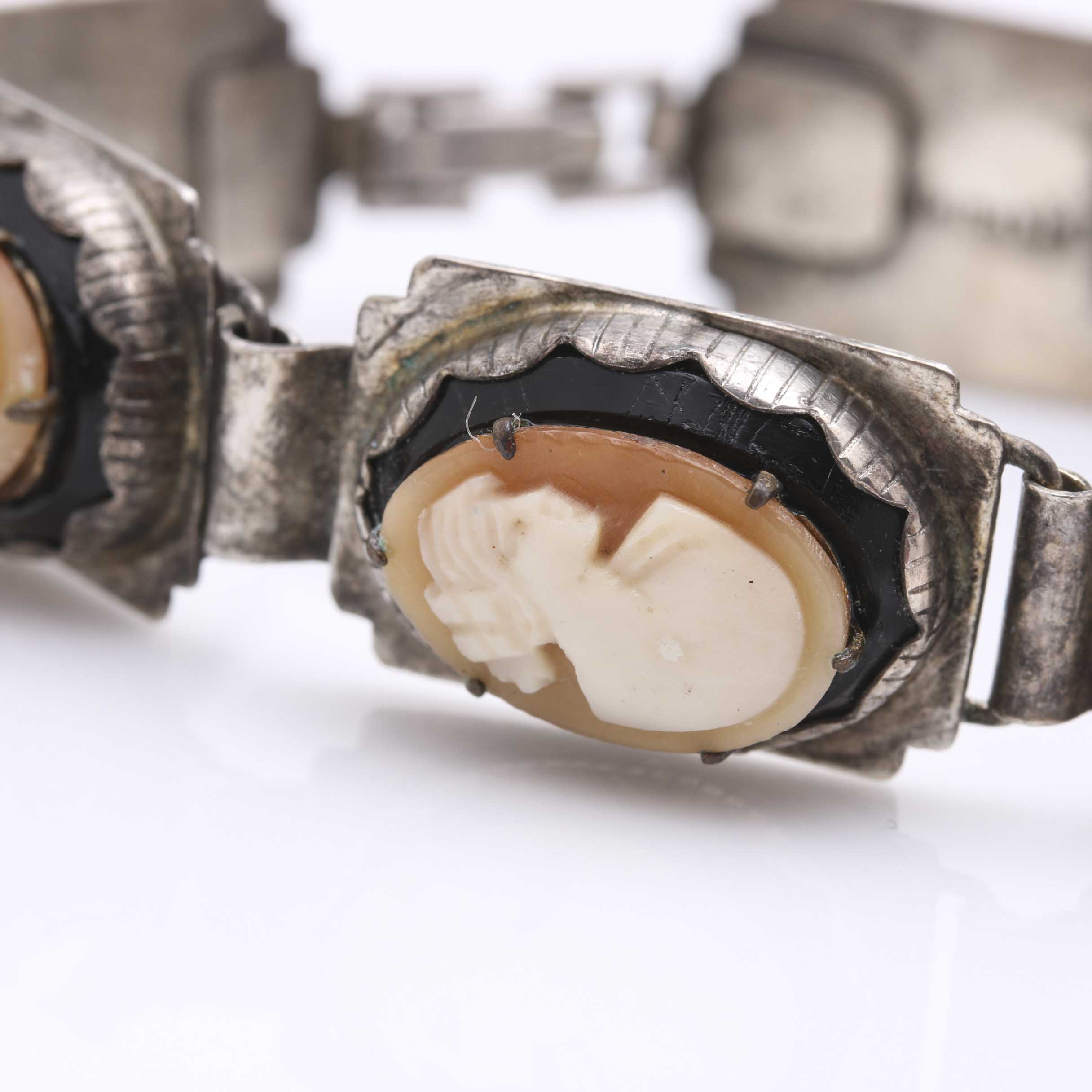 Sterling Silver Art Nouveau Shell Cameo Bracelet and Coin Silver Slides