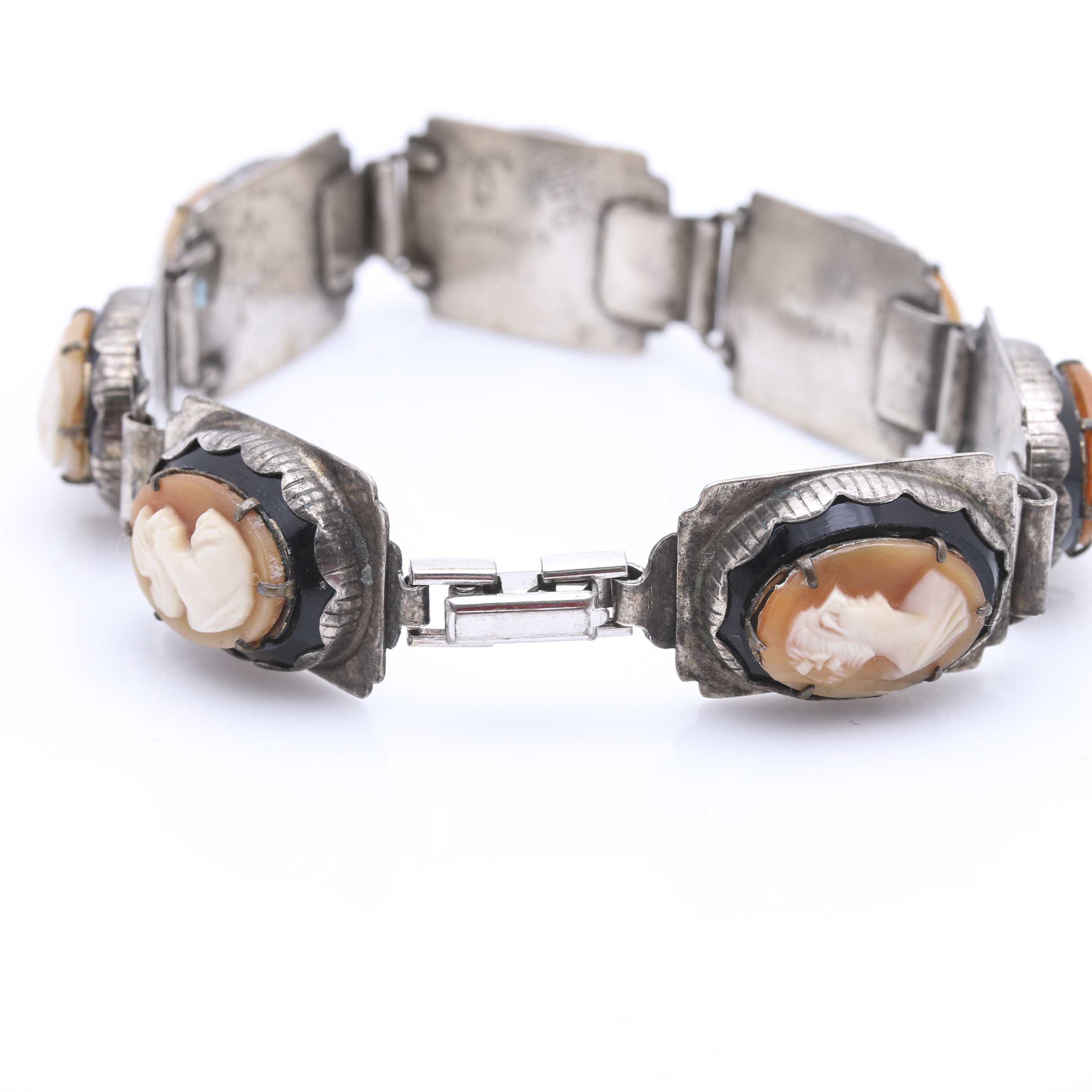 Sterling Silver Art Nouveau Shell Cameo Bracelet and Coin Silver Slides