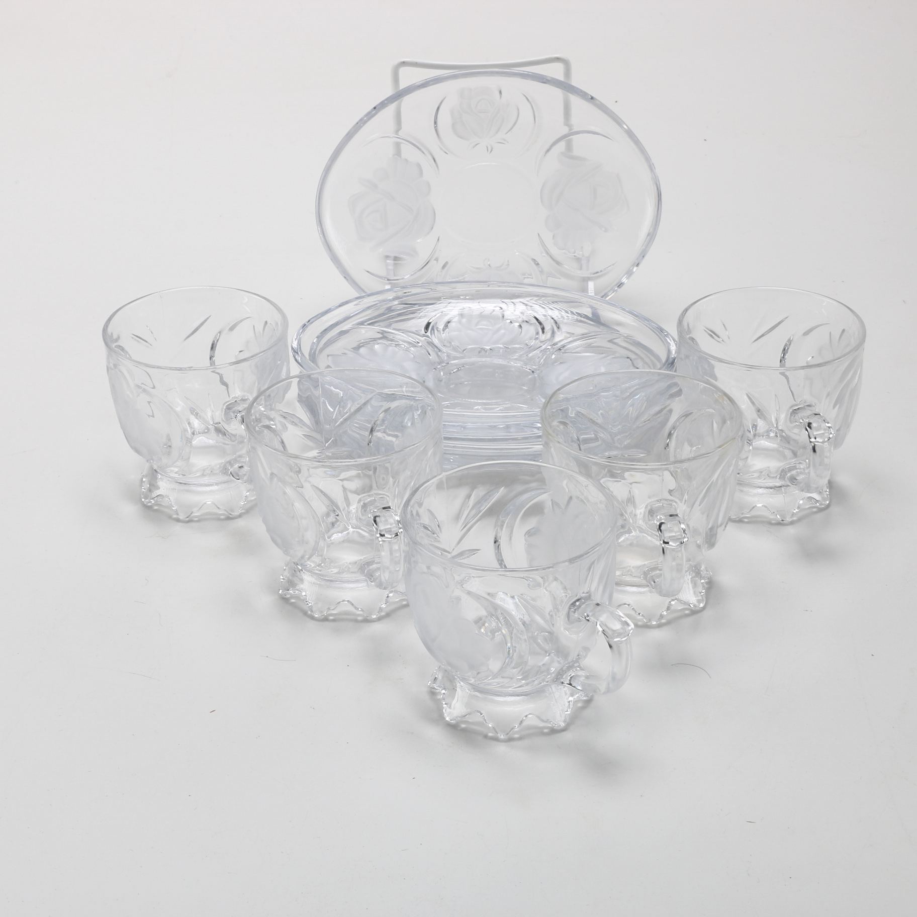 Vintage Etched Glass Luncheon Tray Set
