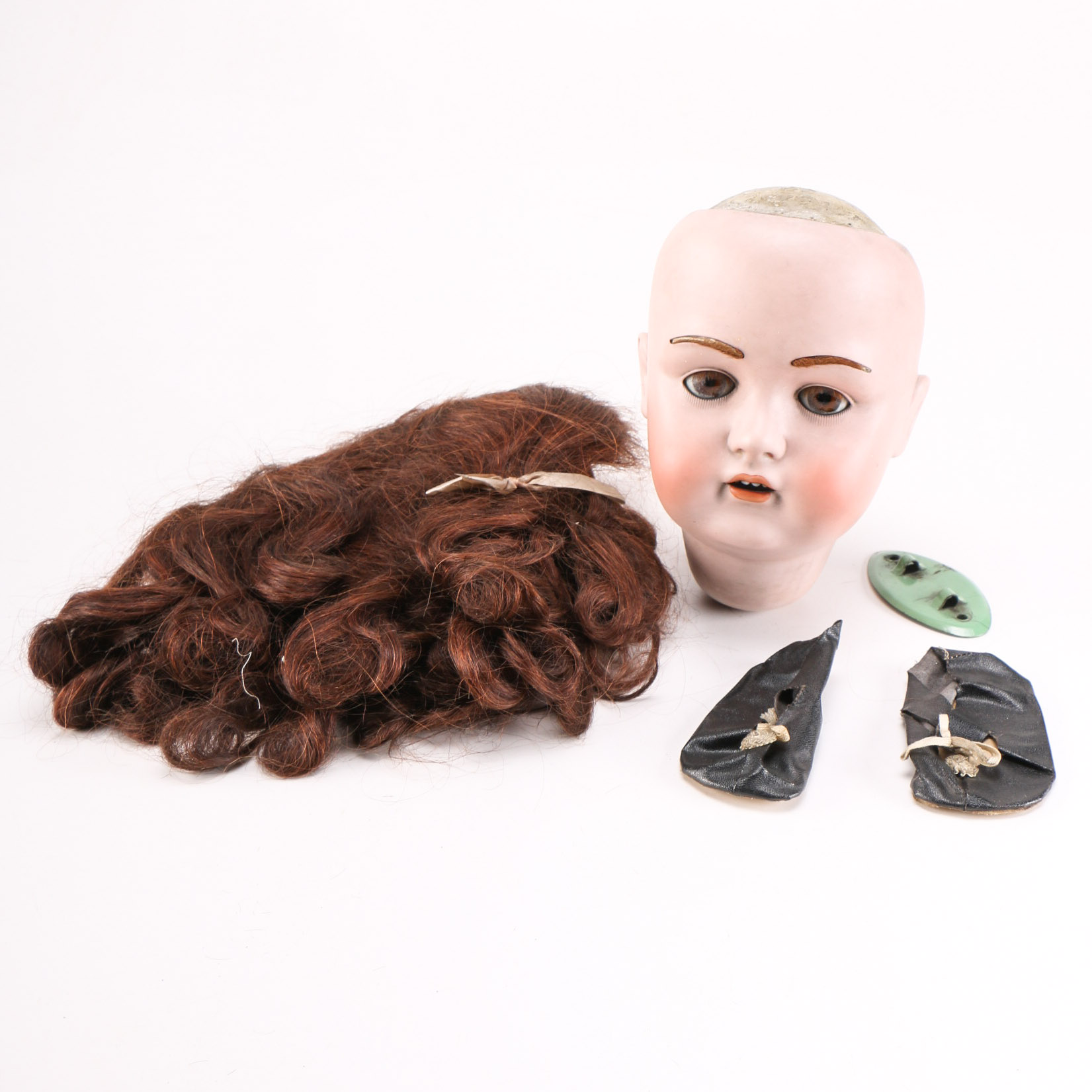 1930s J.D. Kestner Porcelain Doll Head with Brunette Wig