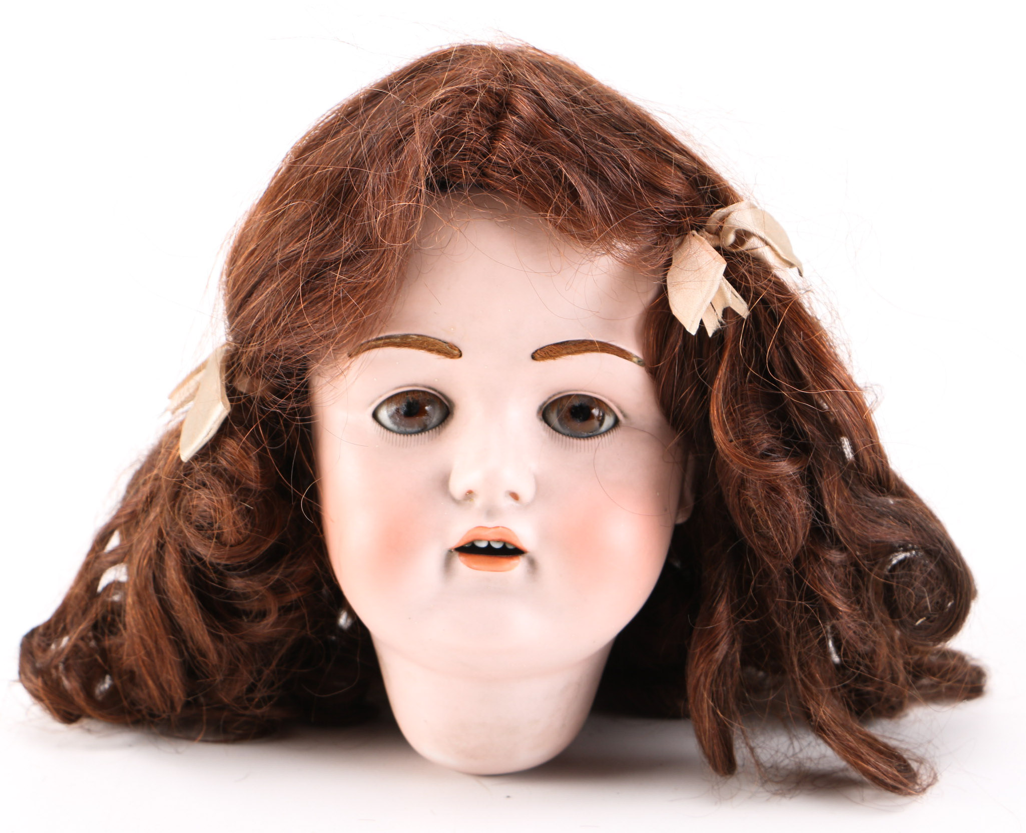 1930s J.D. Kestner Porcelain Doll Head with Brunette Wig