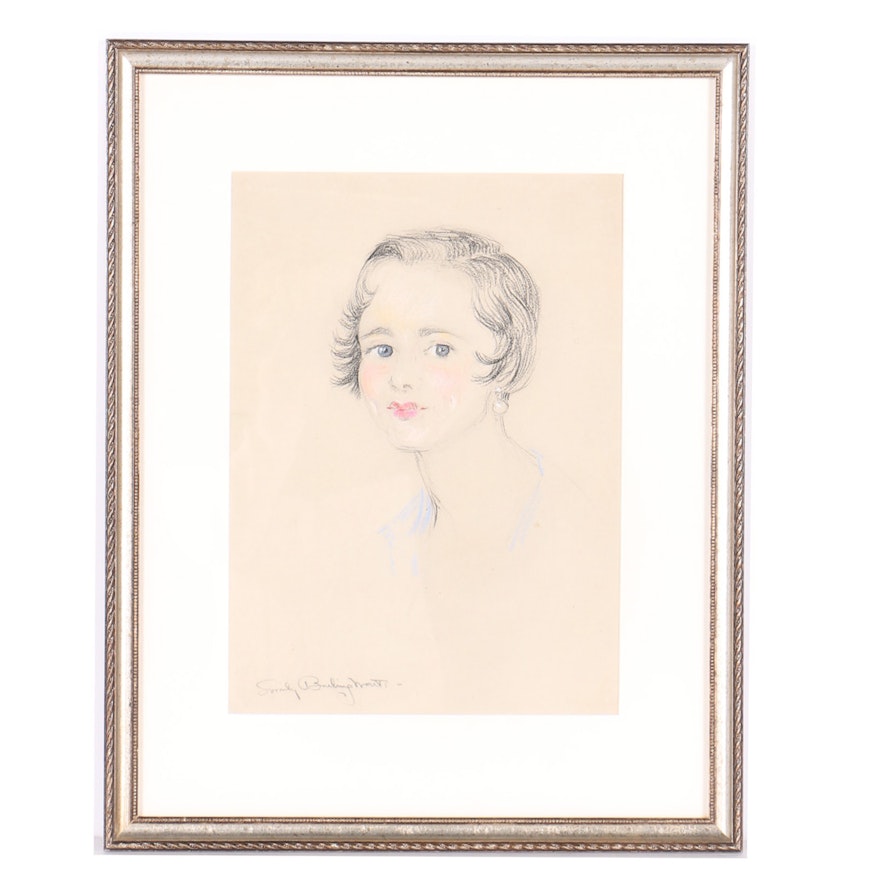 Emily B. Waite Pastel Drawing Portrait of Woman with Pearl Earrings