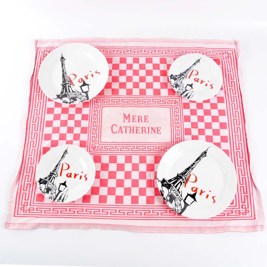 Paris Plates with Vintage French Tea Towel