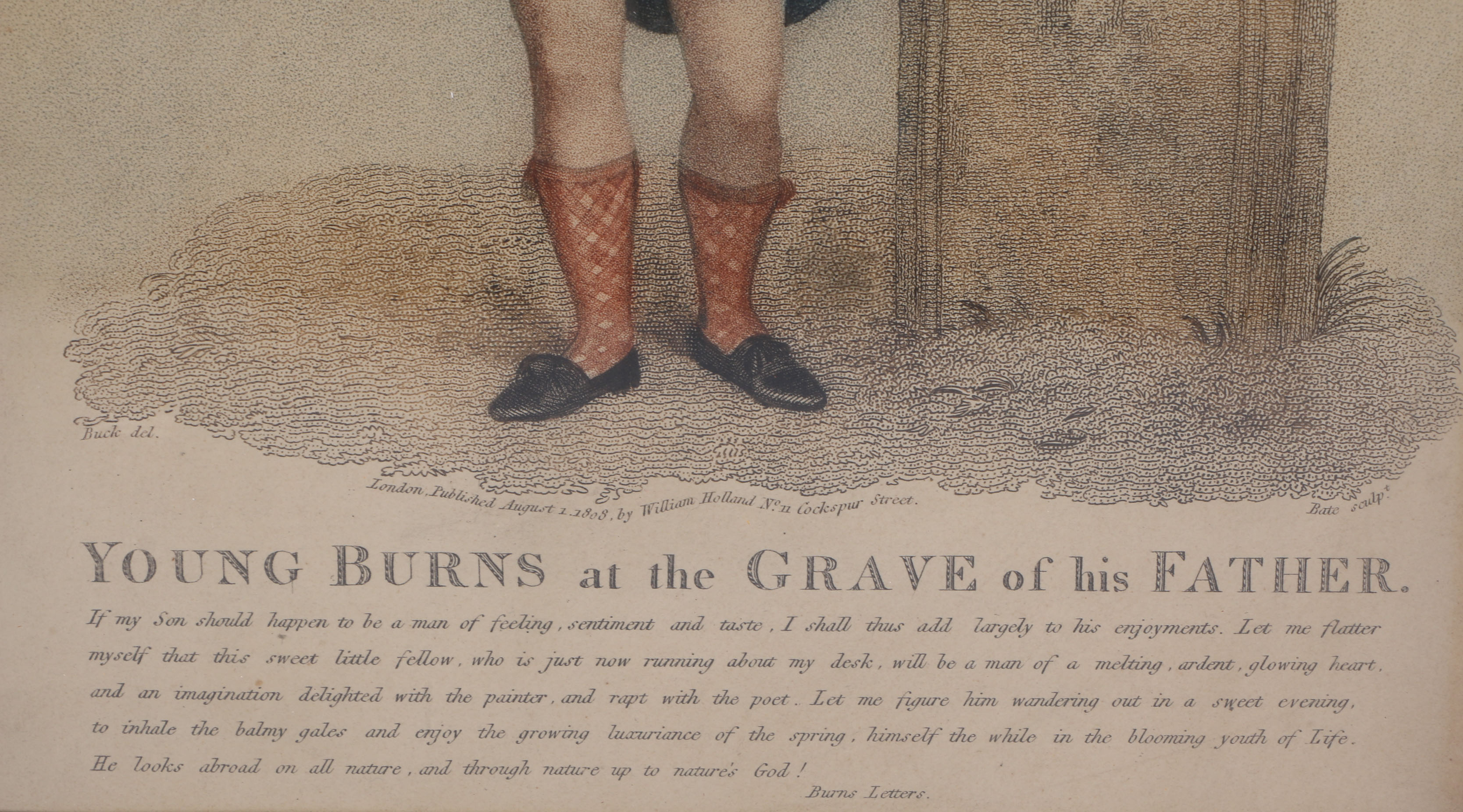 1808 Engraving After Adam Buck "Young Robert Burns at the Grave of his Father"