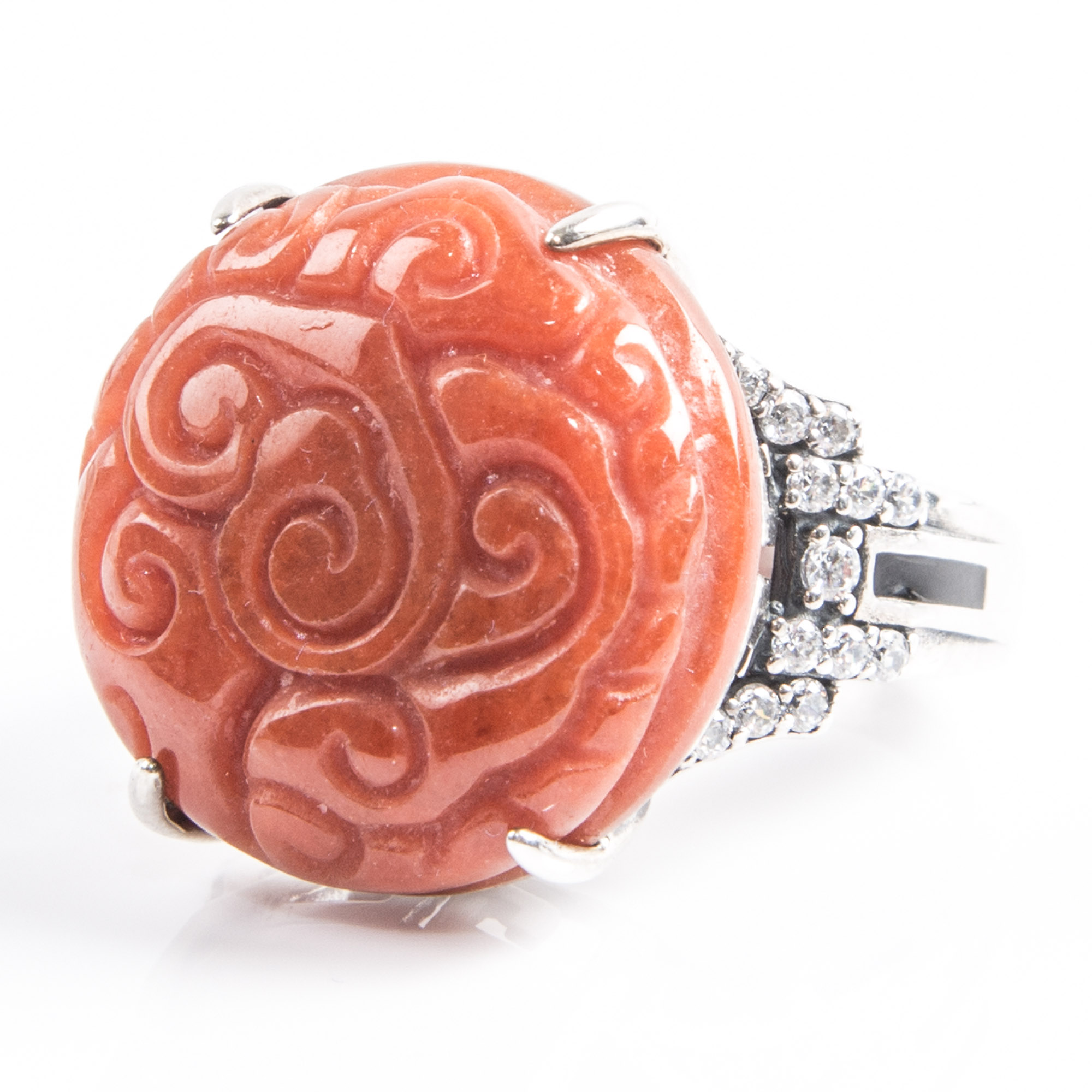 Sterling Silver Carved Stone Ring with Cubic Zirconias