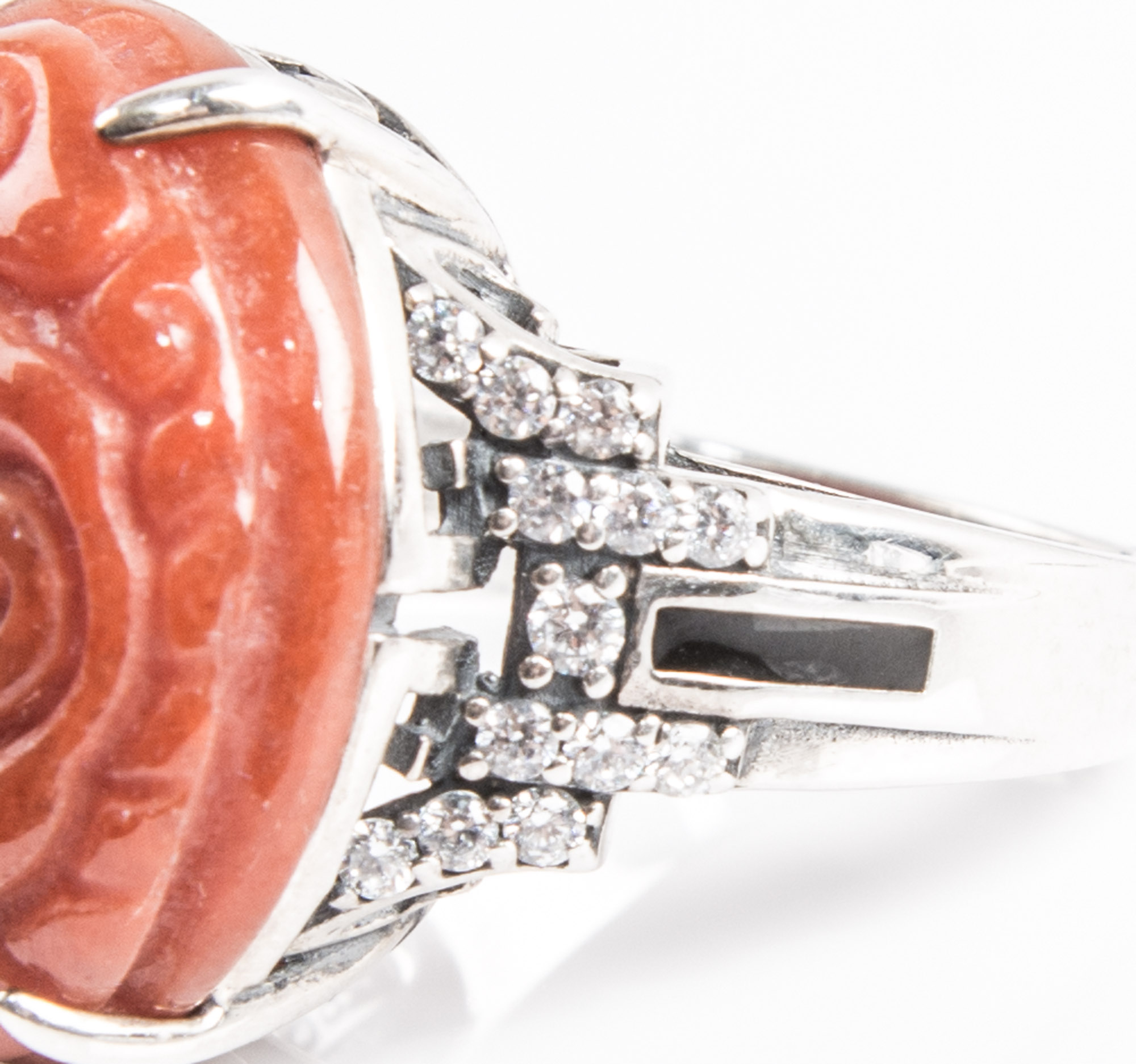 Sterling Silver Carved Stone Ring with Cubic Zirconias