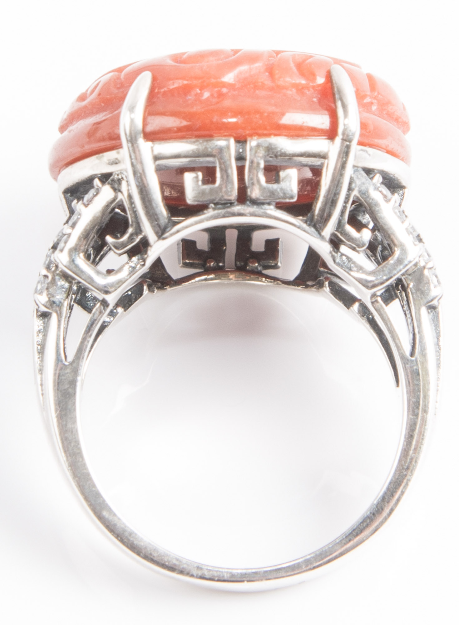 Sterling Silver Carved Stone Ring with Cubic Zirconias