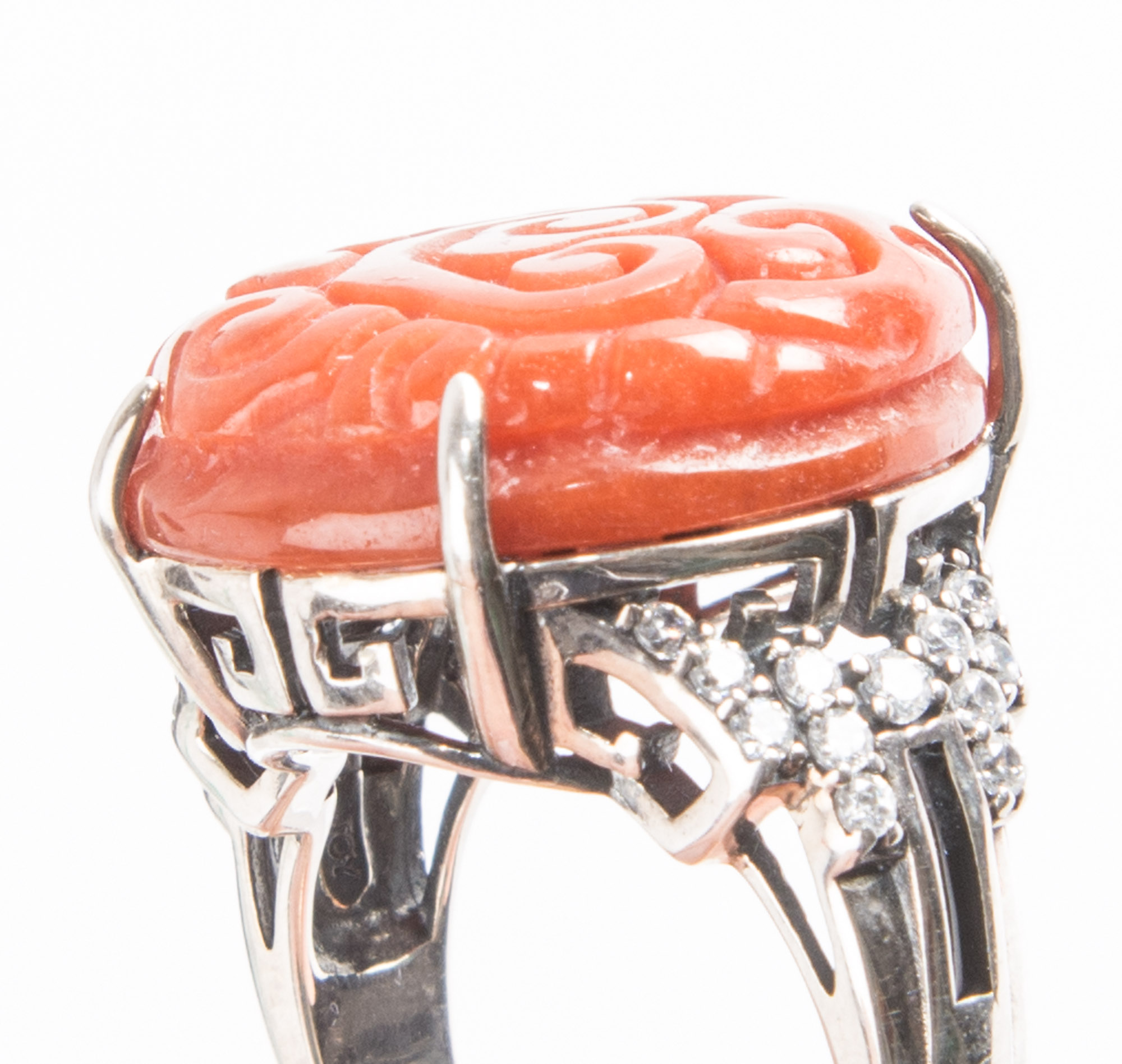 Sterling Silver Carved Stone Ring with Cubic Zirconias