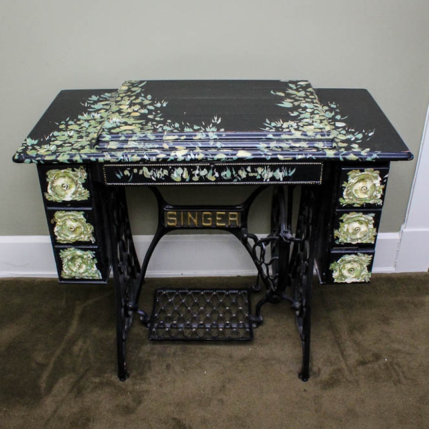 Antique Singer Treadle Sewing Machine in a Hand-Painted Cabinet
