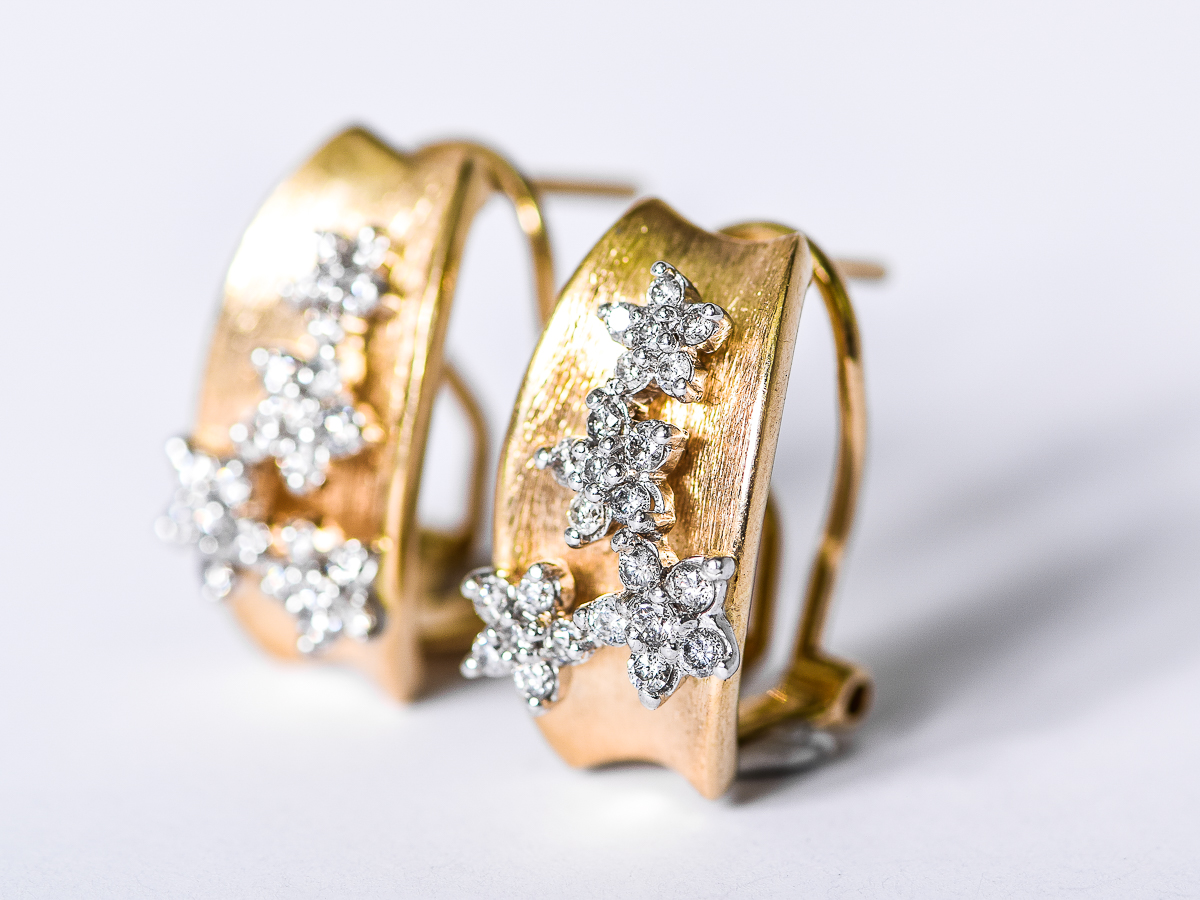 Vintage 14K Gold and Diamond Flower Omega Back Earrings