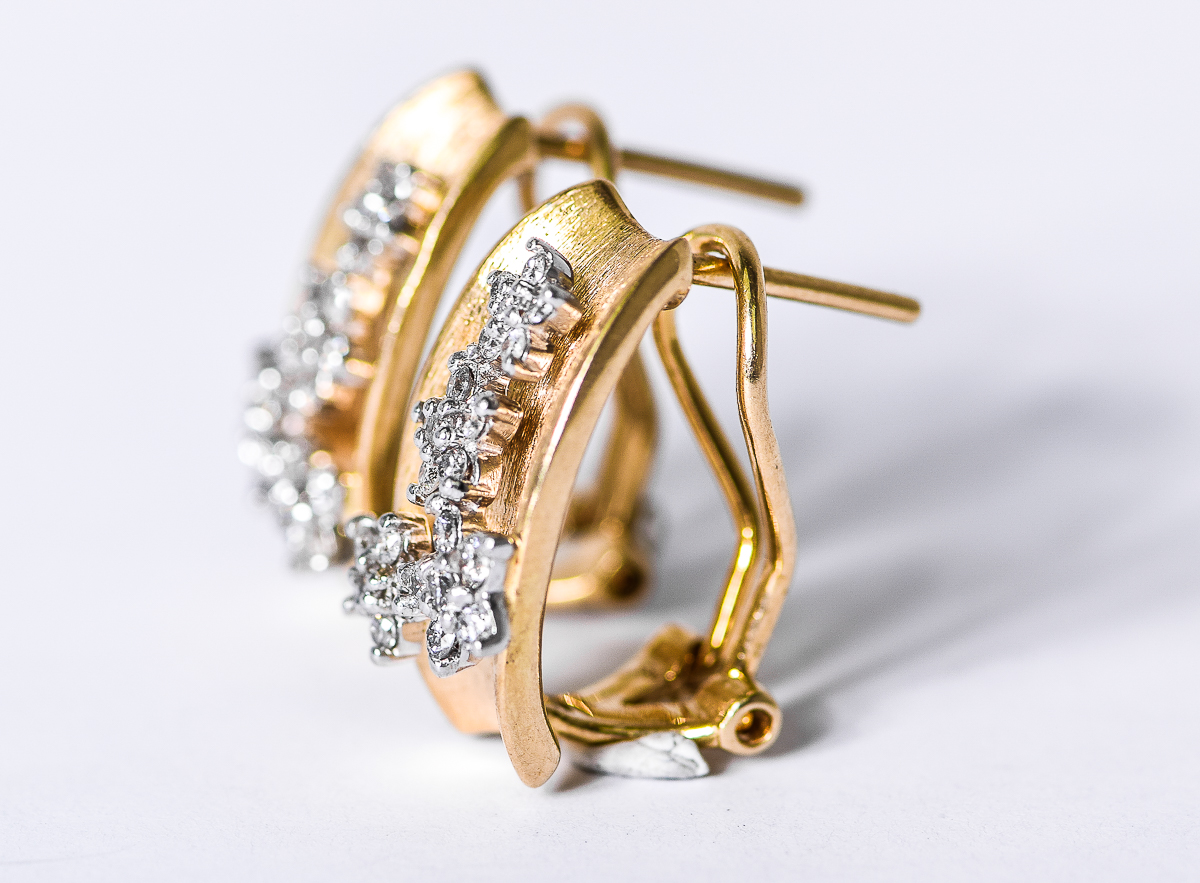 Vintage 14K Gold and Diamond Flower Omega Back Earrings