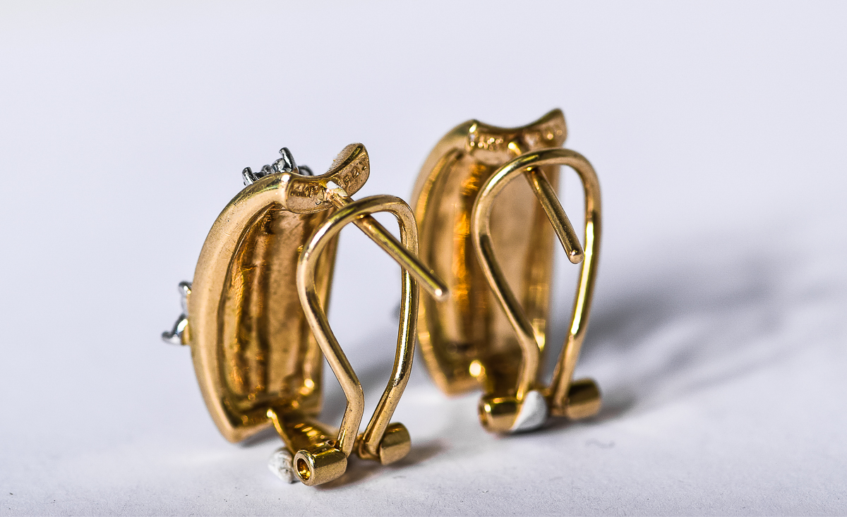 Vintage 14K Gold and Diamond Flower Omega Back Earrings