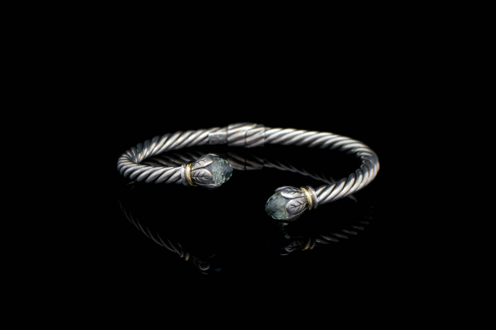 Robert Manse Sterling Silver, 18K Gold and Green Amethyst Bangle Bracelet