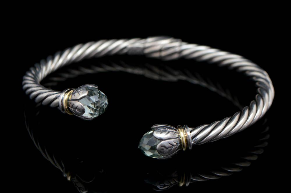 Robert Manse Sterling Silver, 18K Gold and Green Amethyst Bangle Bracelet