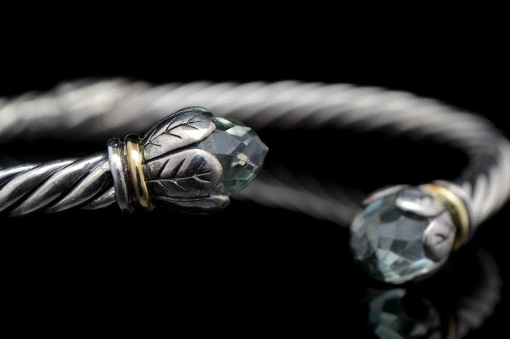 Robert Manse Sterling Silver, 18K Gold and Green Amethyst Bangle Bracelet