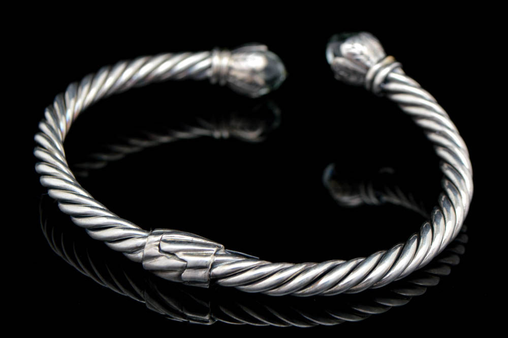 Robert Manse Sterling Silver, 18K Gold and Green Amethyst Bangle Bracelet