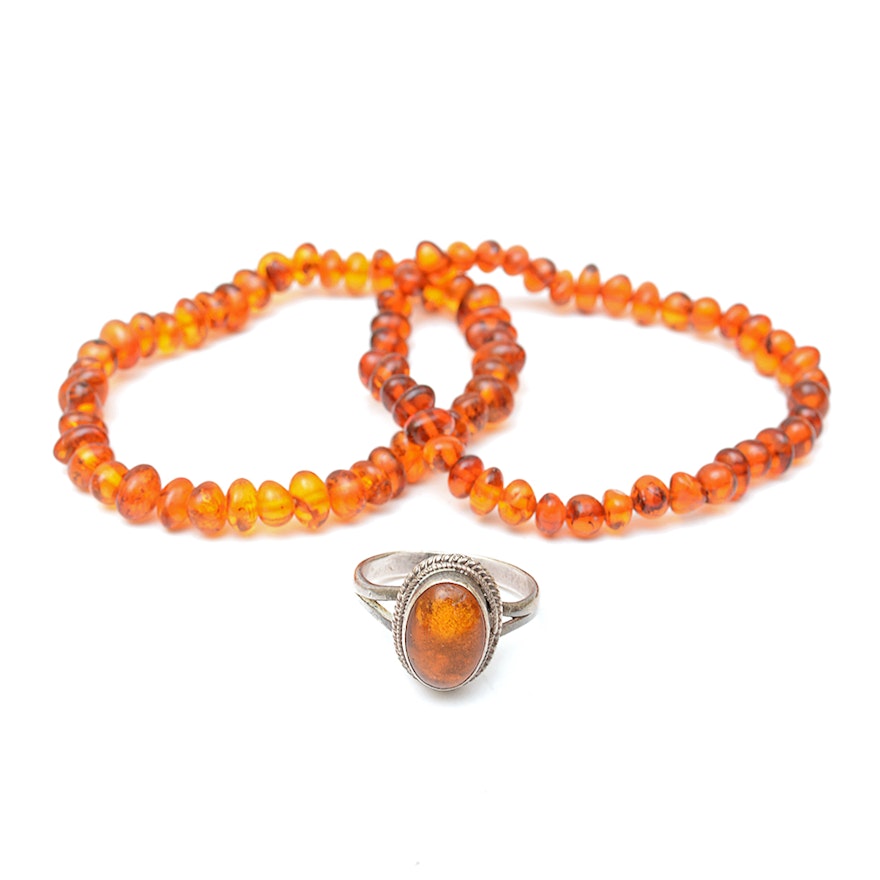 Amber Beaded Bracelets and Sterling Silver Amber Ring