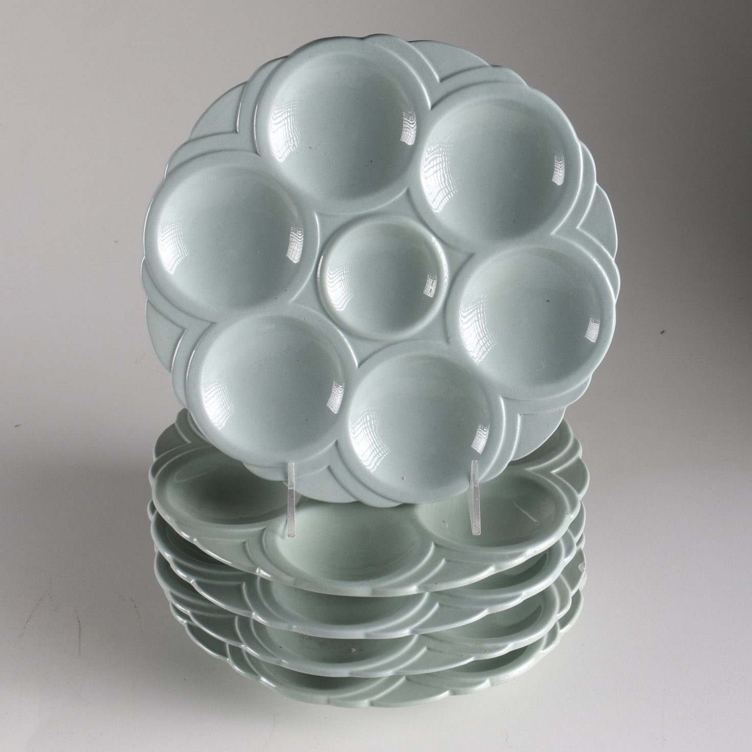 Five Vintage Oyster Plates in Sage Green by Sarreguemines France