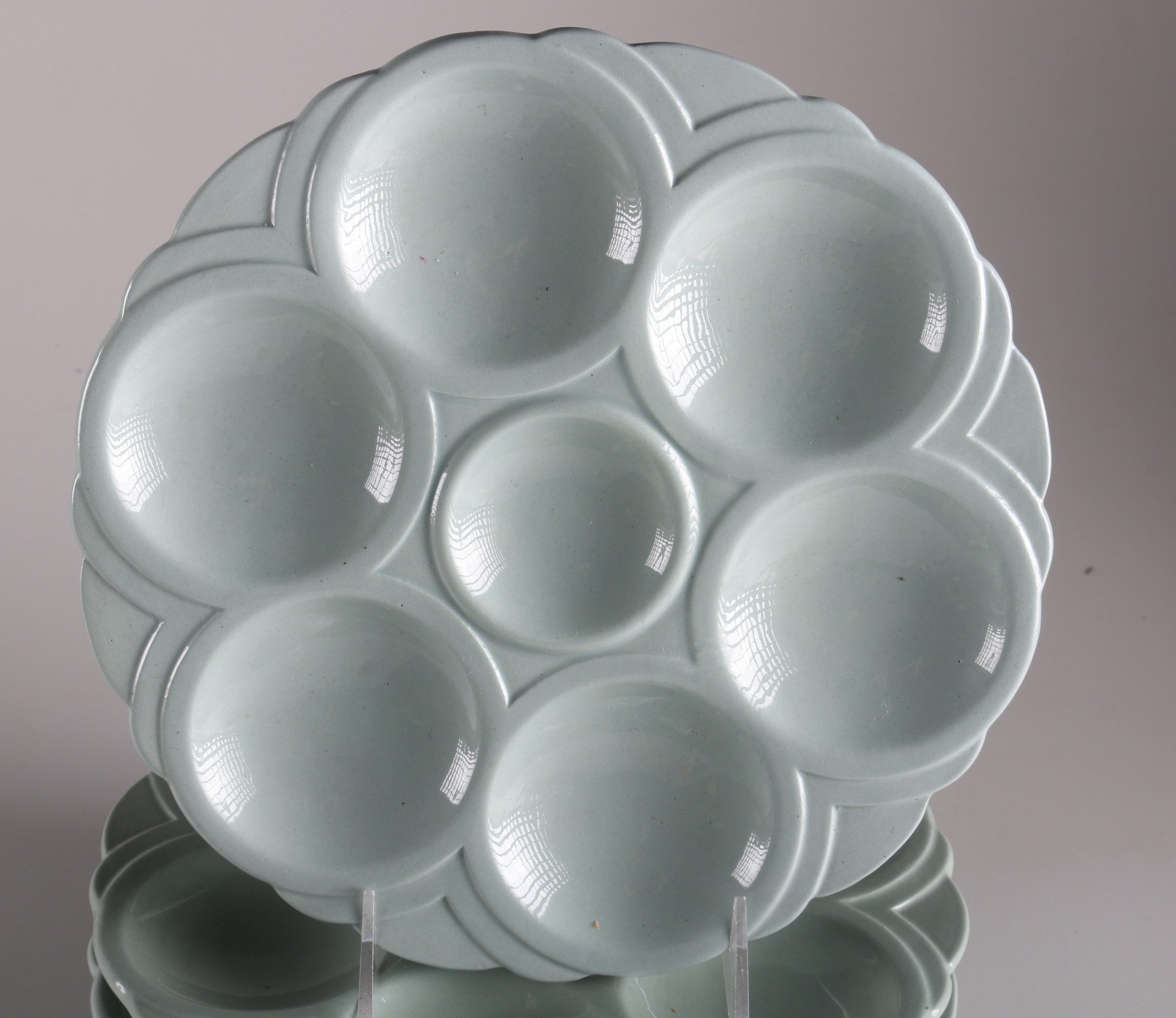 Five Vintage Oyster Plates in Sage Green by Sarreguemines France