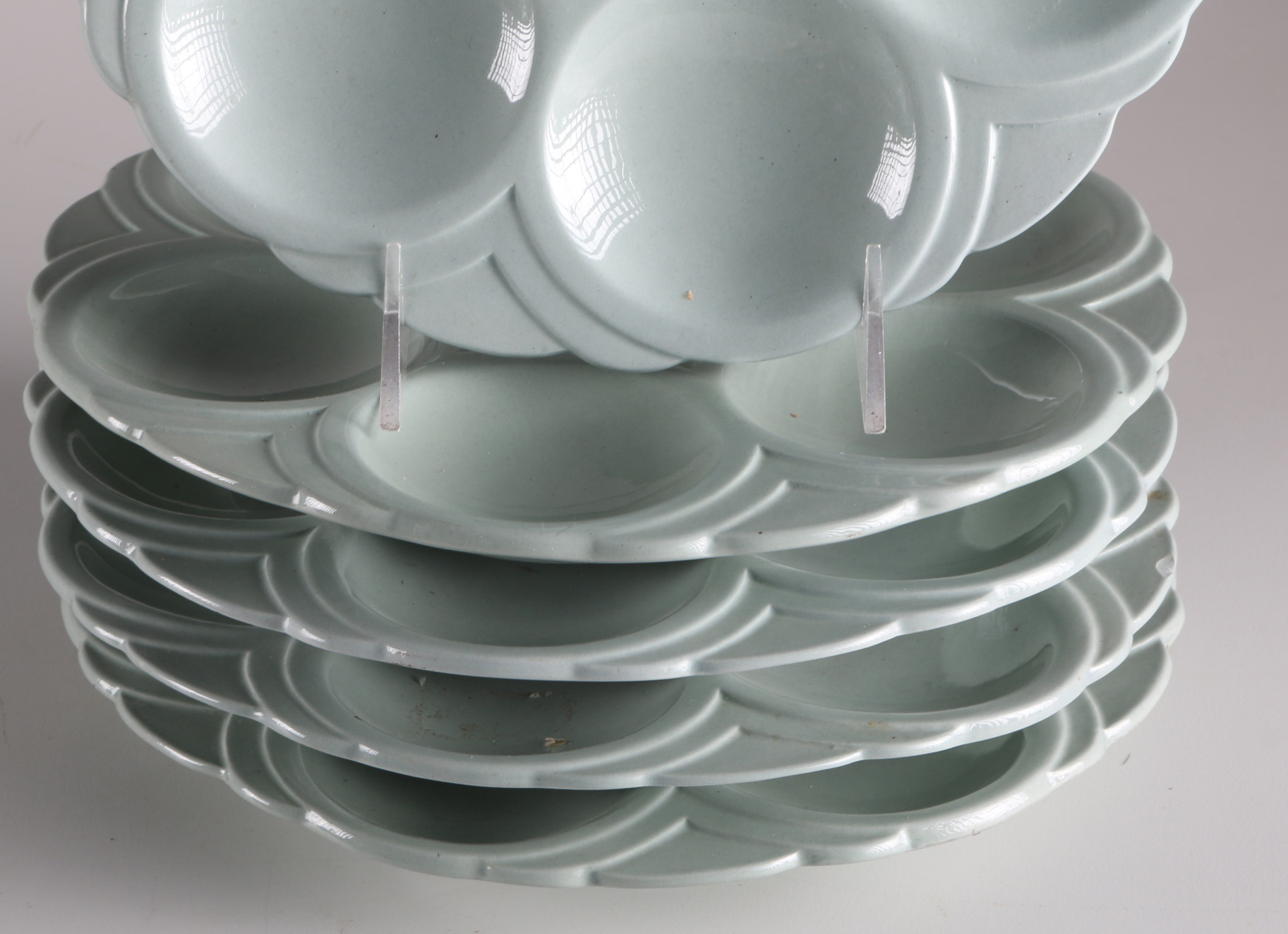 Five Vintage Oyster Plates in Sage Green by Sarreguemines France